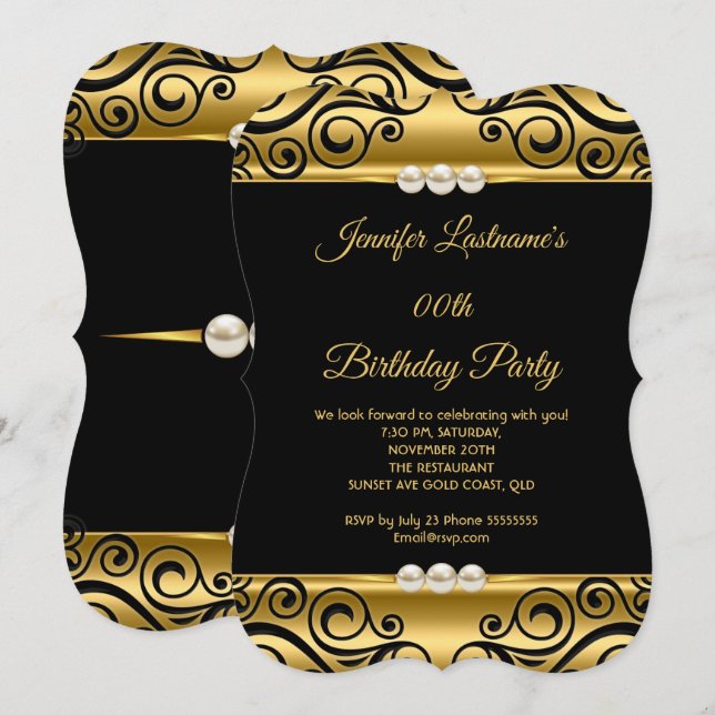 Invitation Elégante Gold Black Damask Pearl fête d'anniversai (Devant / Derrière)