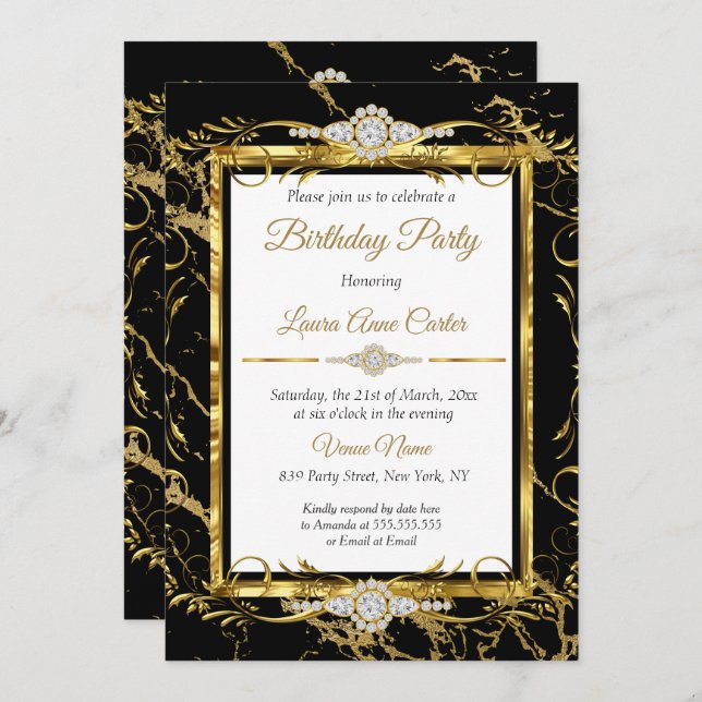 Invitation Elégante Gold Black Diamond Photo Anniversaire (Devant / Derrière)