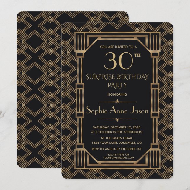 Invitation Elégante Gold Black Great Gatsby fête d'anniversai (Devant / Derrière)