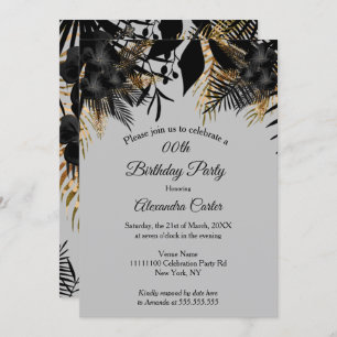 Invitation Elégante Gold Black Grey Floral fête d'anniversair