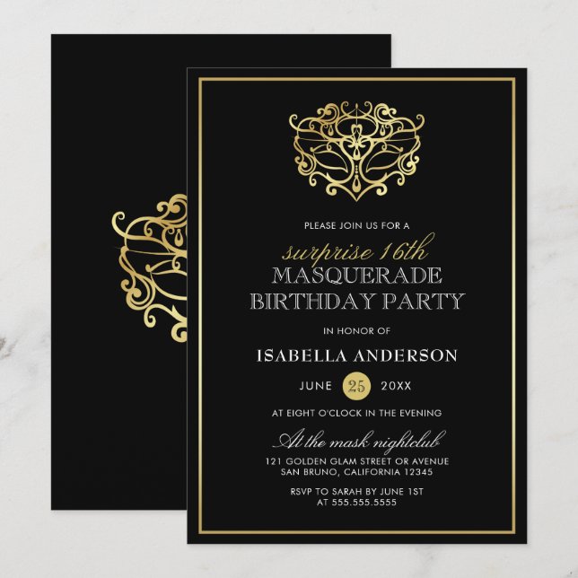 Invitation Elégante Gold & Black Masquerade Surprise Party (Devant / Derrière)