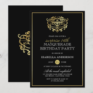 Invitation Elégante Gold & Black Masquerade Surprise Party