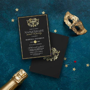 Invitation Elégante Gold & Black Masquerade Sweet 16 Party