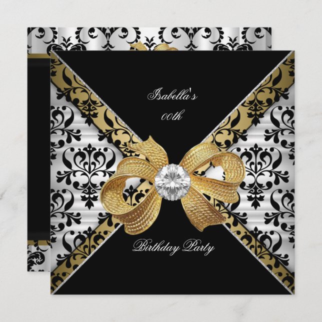 Invitation Elégante Gold Black White Damask Diamond Party (Devant / Derrière)