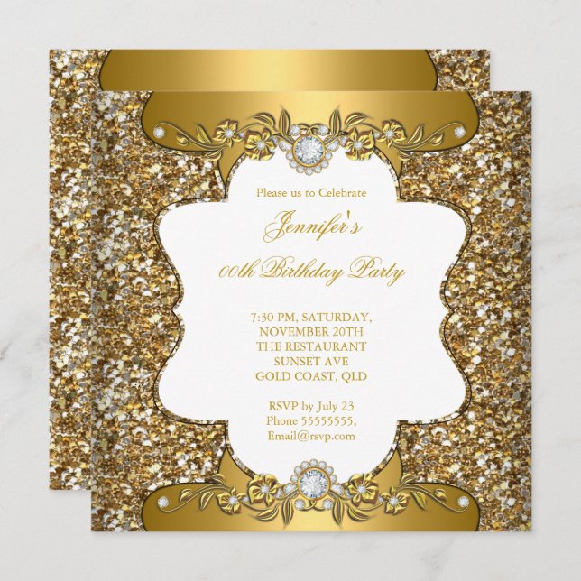 Invitation Elégante Gold Blanc Floral Diamond Party SQ (Devant / Derrière)