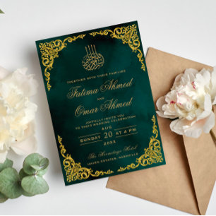 Invitation Elégante Gold Border Vert Mariage musulman islamiq