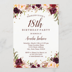 Invitation Elégante Gold Burgundy Floral 18e fête d'anniversa