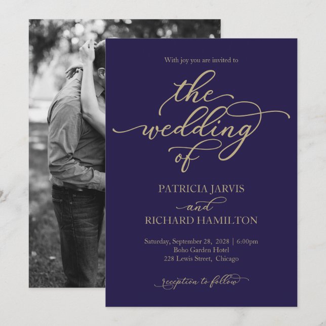 Invitation Élégante Gold Calligraphy Marine Mariage bleu (Devant / Derrière)