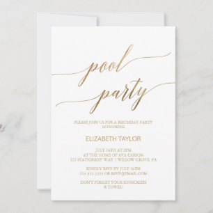 Invitation Elégante Gold Calligraphy Pool Party Anniversaire