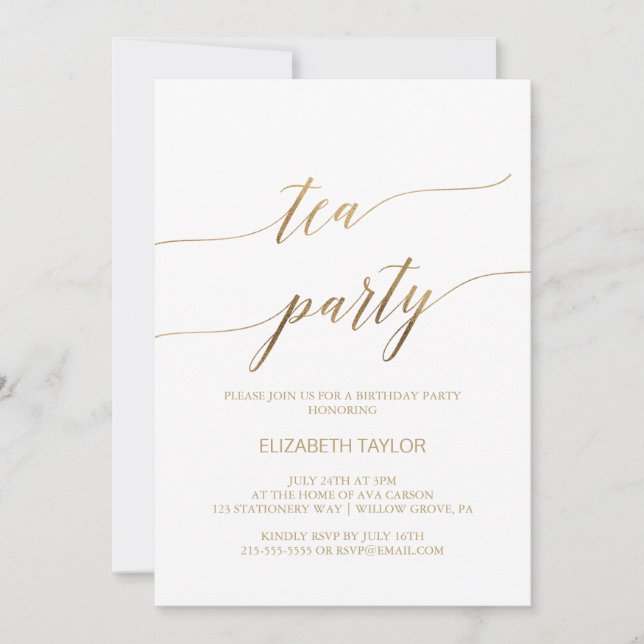 Invitation Elégante Gold Calligraphy Tea Party Anniversaire (Devant)
