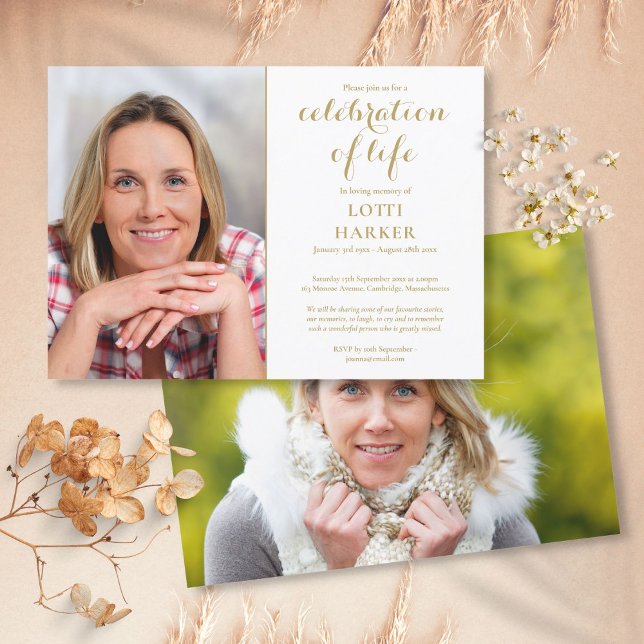 Invitation Elégante Gold Celebration of Life Funeral 2 Photo (Elegant Gold Celebration of Life Funeral 2 Photo Invitation)