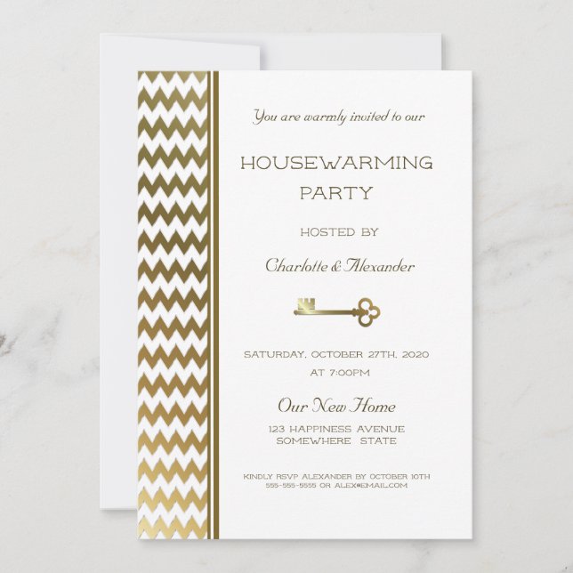 Invitation Elégante Gold Chevron Stripes Houseécher Party (Devant)