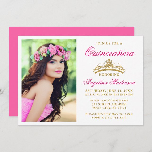Invitation Elégante Gold Crown Photo Hot Rose Quinceanera (Devant / Derrière)