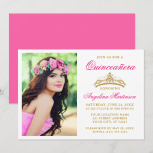 Invitation Elégante Gold Crown Photo Hot Rose Quinceanera