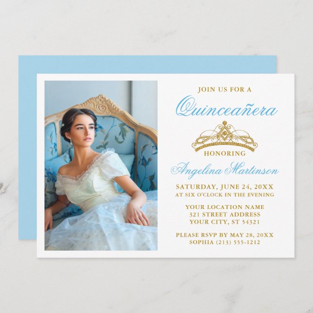 Invitation Elégante Gold Crown Photo Light Blue Quinceanera (Devant / Derrière)