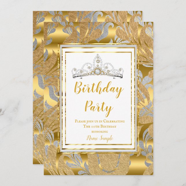 Invitation Elégante Gold Damask Grey Tiara fête d'anniversair (Devant / Derrière)