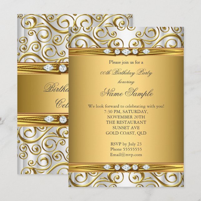 Invitation Elégante Gold Damask White Diamond Anniversaire Pa (Devant / Derrière)