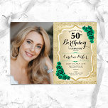 Invitation Elégante Gold Emerald Green Photo 50e anniversaire<br><div class="desc">Elégante invitation au 50e anniversaire fleurie féminine avec votre photo. Design de glam avec de l'or de parties scintillant imitation. Comprend des rayures, des roses vert émeraude, des caractères de script et des confettis. Parfait pour une fête anniversaire adulte élégante. Personnalisez avec vos propres détails. Peut être customisé pour n'importe...</div>