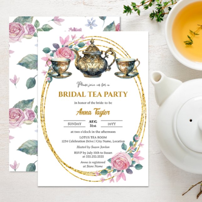 Invitation Elégante Gold et Floral Bridal Tea Party (Elegant gold and floral tea party invitation front view.)