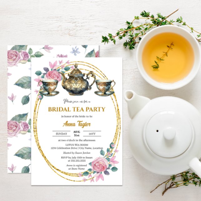 Invitation Elégante Gold et Floral Bridal Tea Party (Elegant gold and floral tea party invitation front view.)