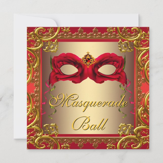 Invitation Elégante Gold et Red Masquerade Party (Devant)