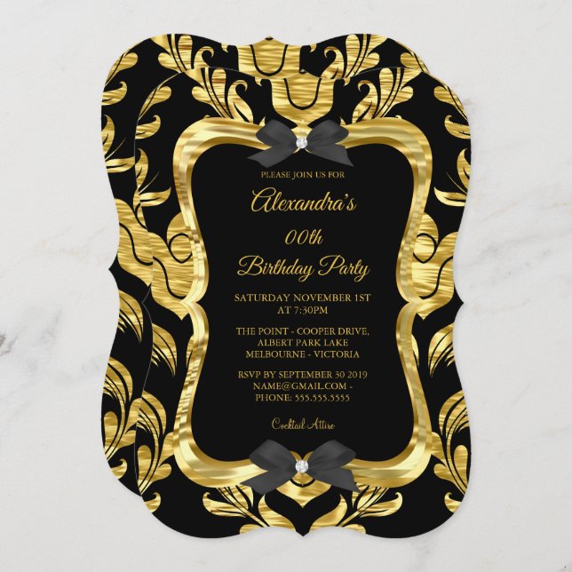 Invitation Elégante Gold Faux Foil Black Birthday Party (Devant / Derrière)