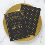 Invitation Elégante Gold Floral 40e fête d'anniversaire<br><div class="desc">Elégante invitation Floral 40th Birthday Party avec fausse feuille d'or floral et bordure contre un arrière - plan gris foncé sur le devant. L'invitation a un faux motif de pois dorés contre un arrière - plan gris foncé à l'arrière. Personnalisez cette invitation avec vos détails en remplaçant le texte de...</div>