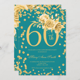 Invitation Elégante Gold Floral 60e fête d'anniversaire Turqu