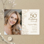 Invitation Elégante Gold Floral Photo 50e anniversaire<br><div class="desc">Invitation à la fête du 50e anniversaire en or et crème d'ivoire avec votre photo à l'avant de la carte. Design moderne minimaliste avec accents de dessin botanique, fausse feuille d'or et police de script de typographie. Carte invitation simple et tendance, parfaite pour une célébration anniversaire élégante. Peut être customisé...</div>