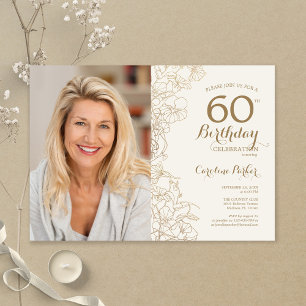 Invitation Elégante Gold Floral Photo 60e anniversaire