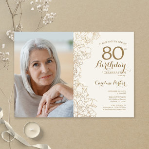 Invitation Elégante Gold Floral Photo 80e anniversaire