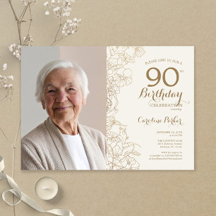 Invitation Elégante Gold Floral Photo 90e anniversaire