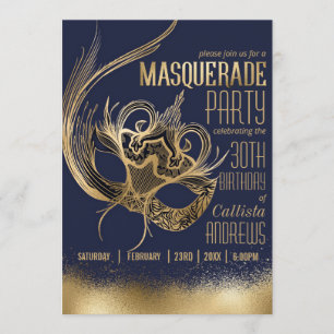 Invitation Elégante Gold Navy Masquerade Masque fête d'annive