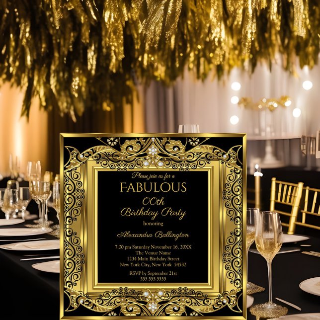 Invitation Elégante Gold Photo Anniversaire Fête Black Damask (Créateur téléchargé)