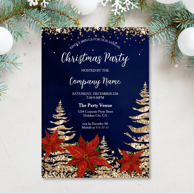 Invitation Elégante Gold Poinsettia Fête de Noël d'entreprise (christmas party invitation with glitter gold pines and red poinsettia on the navy background)