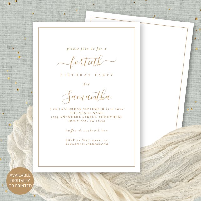 Invitation Elégante Gold Script Bordure 40e fête d'anniversai (Front and back view. Available digitally or printed.)