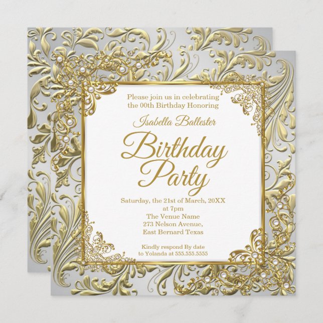 Invitation Elégante Gold Silver White Pearl fête d'anniversai (Devant / Derrière)