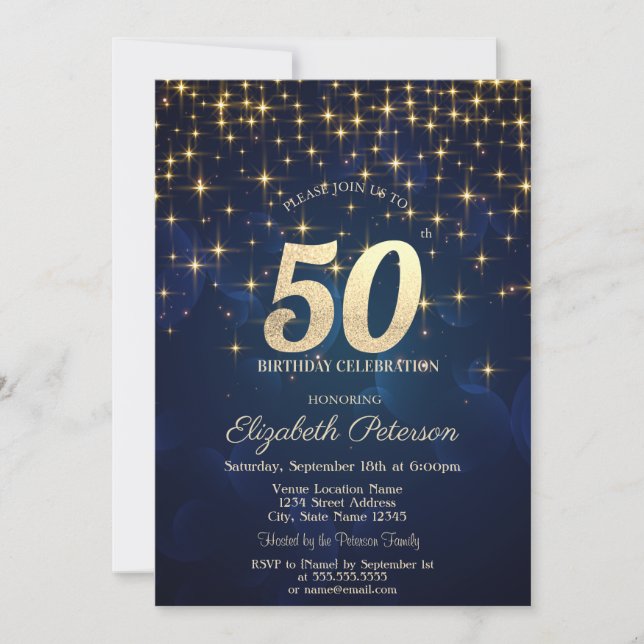 Invitation Elégante Gold Stars Marine Blue 50e anniversaire f (Devant)