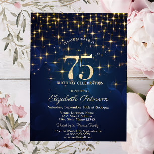 Invitation Elégante Gold Stars Marine Blue 75e anniversaire f