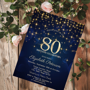 Invitation Elégante Gold Stars Marine Blue 80e anniversaire f
