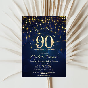 Invitation Elégante Gold Stars Marine Blue 90e anniversaire f