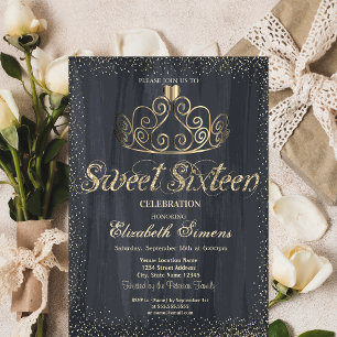 Invitation Elégante Gold Tiara Confetti Princess Sweet 16