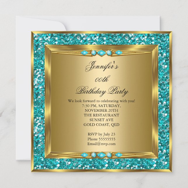 Invitation Elégante Gold Turquoise Blue Faux Parties scintill (Devant)
