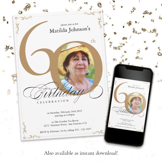 Invitation Elégante Gold White Calligraphie Photo 60e anniver (Elegant Gold White Calligraphy Photo 60th Birthday Invitation)