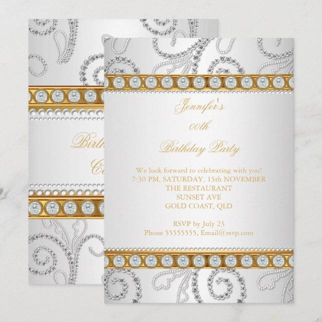 Invitation Elégante Gold White Diamond Pearl fête d'anniversa (Devant / Derrière)