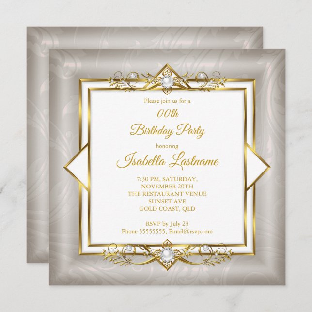 Invitation Elégante Gold White Grey Pearl fête d'anniversaire (Devant / Derrière)