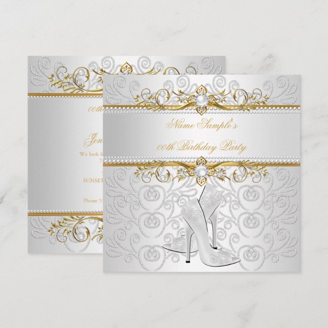 Invitation Elégante Gold White Pearl Diamond High Heel Party  (Devant / Derrière)
