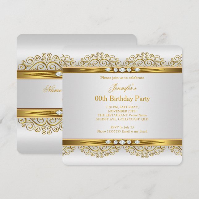 Invitation Elégante Gold White Silver Diamond Anniversaire Pa (Devant / Derrière)