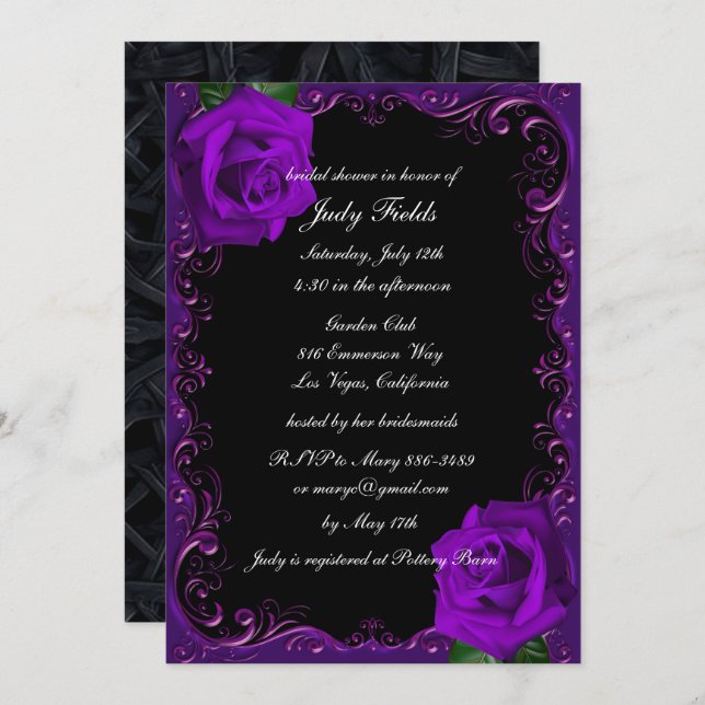 Invitation Élégante Goth Purple Rose Fête des mariées (Devant / Derrière)