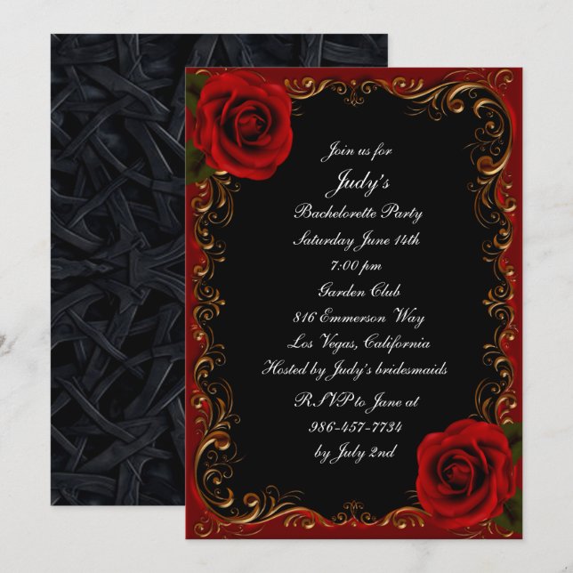 Invitation Élégante Goth Red Roses Bachelorette Party (Devant / Derrière)